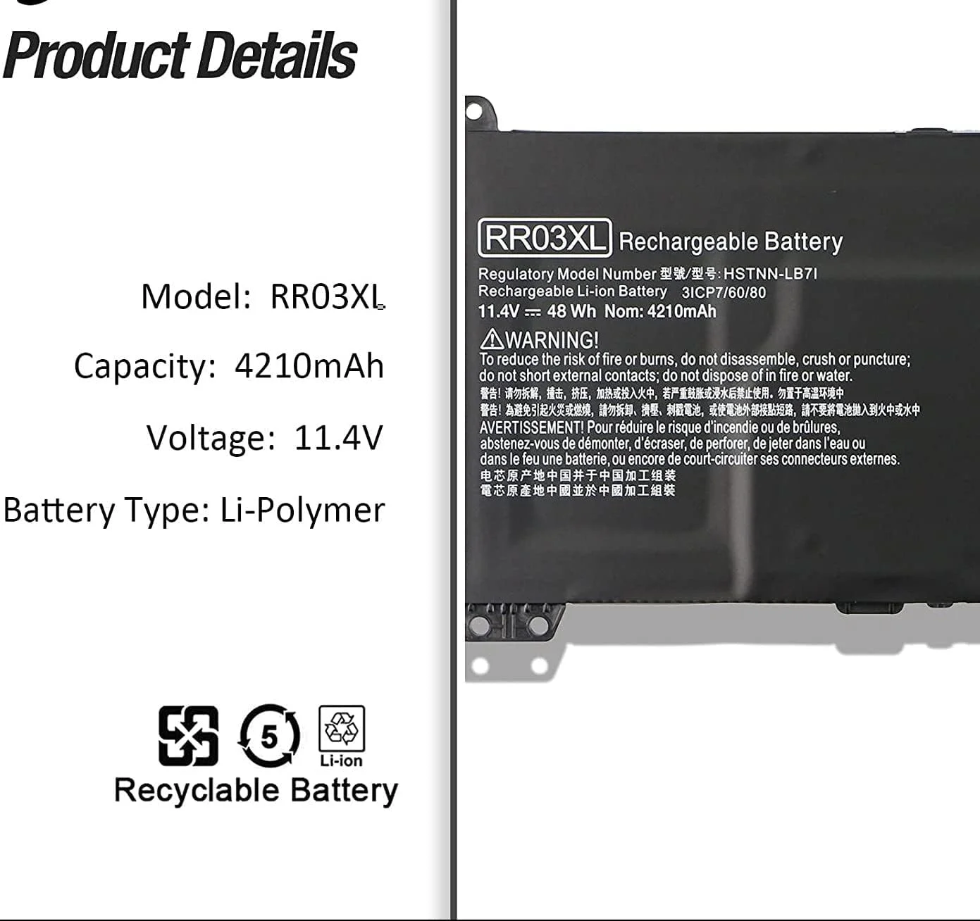 باتری لپ تاپ RR03XL برای HP ProBook 430 440 450 455 470 G4 G5 Mobile Thin Client MT20 MT21 Series HSTNN-PB6W HSTNN-LB7I HSTNN-LB71 HSTNN-UB7C HSTNN-I74C 851477-421 851477-541 851477-831 48Wh