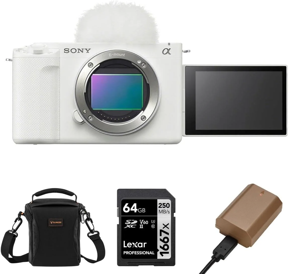 دوربین ولاگ بدون آینه فول فریم سونی ZV-E1، سفید - همراه با کیف شانه‌ای Alpine 120، کارت حافظه 64 گیگابایتی UHS-II SDXC و باتری اضافی