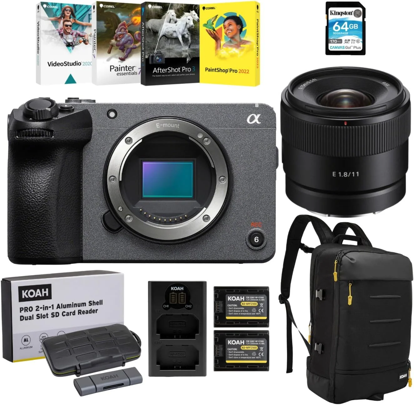 دوربین سوپر 35 سینمایی Sony Fx30 به همراه لنز پرایم زاویه باز فوق العاده عریض 11 میلی متری F1.8 APS-C برای تولیدکنندگان محتوا، به همراه کارت SD 64 گیگابایتی، نرم افزارهای Art Suit، کیف لوازم جانبی دوربین و سایر لوازم جانبی (7 قلم)