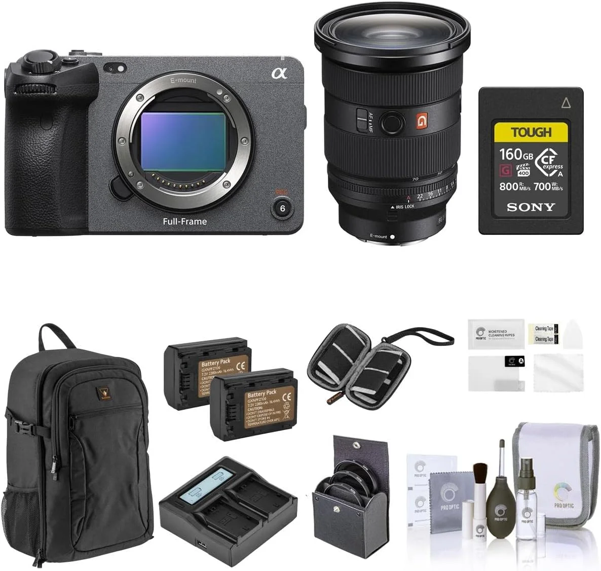 دوربین سینمایی فول فریم سونی FX3 به همراه لنز FE 24-70mm f/2.8 GM II، کارت حافظه 160 گیگابایتی، کوله پشتی، محافظ صفحه نمایش، کیت فیلتر، 2 باتری، شارژر دوگانه، کیف کارت حافظه، مناسب برای فیلمبرداری دیجیتال (13 قطعه)