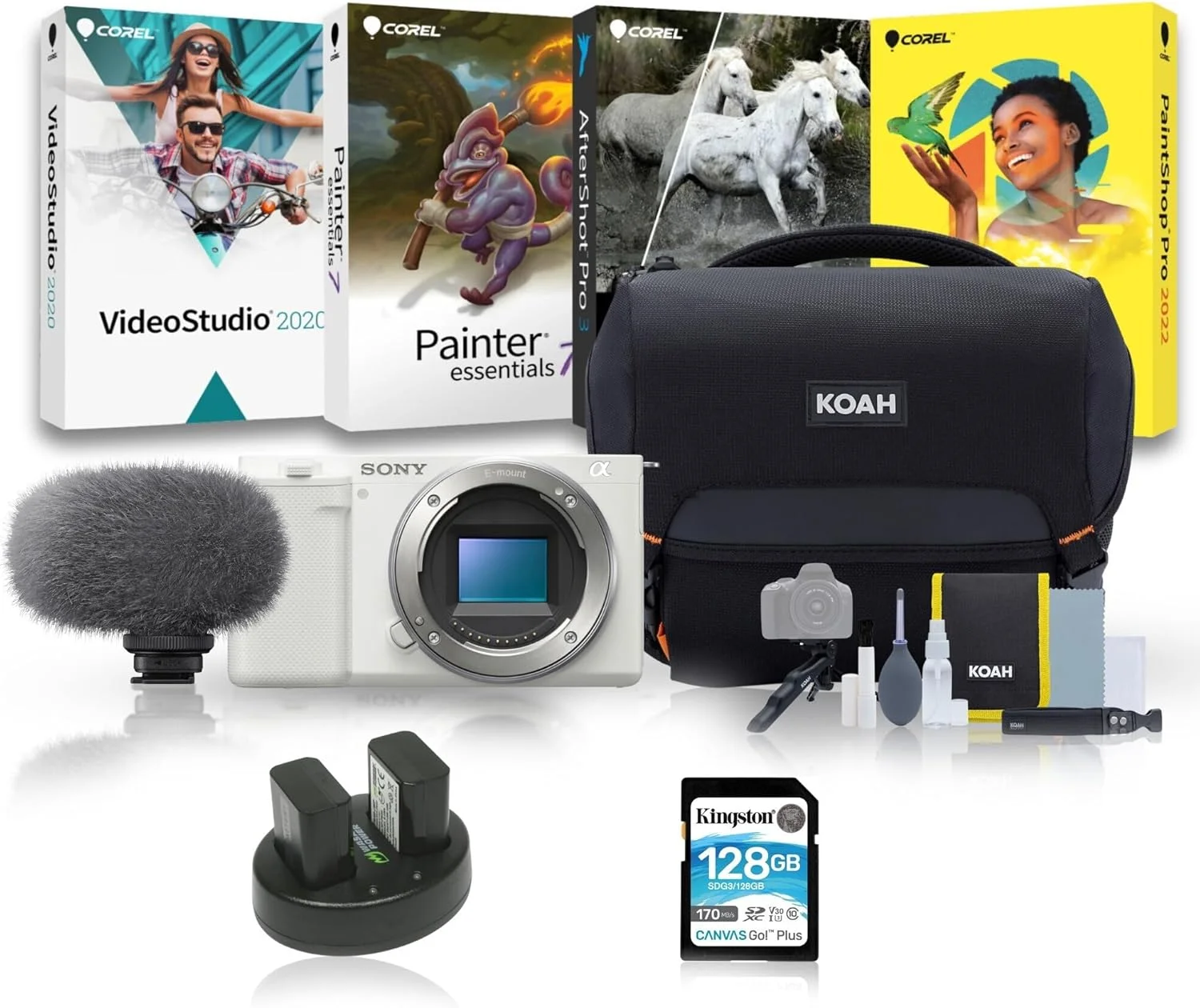 دوربین ولاگ بدون آینه سونی آلفا ZV-E10 APS-C با لنز قابل تعویض - فیلمبرداری 4K، صفحه نمایش چرخان همراه با میکروفون شات گان، کارت SD 128 گیگابایتی، نرم افزار ویرایش Corel و لوازم جانبی (6 قطعه)