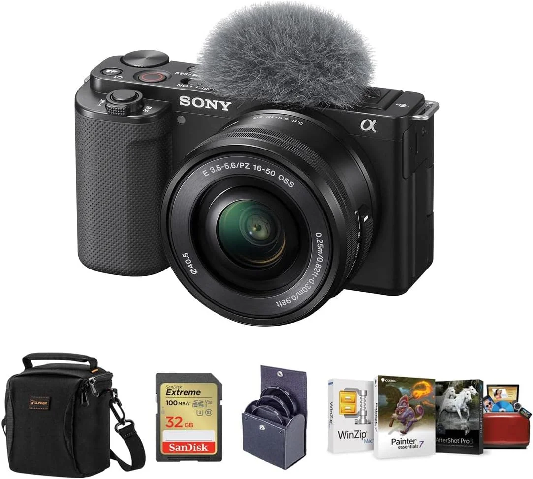 دوربین بدون آینه سونی ZV-E10 با لنز 16-50 میلی‌متری، بسته‌ی مشکی همراه با مجموعه‌ی نرم‌افزار ویرایش عکس مک، کارت حافظه SD 32 گیگابایتی، کیف شانه‌ای، کیت فیلتر 40.5 میلی‌متری