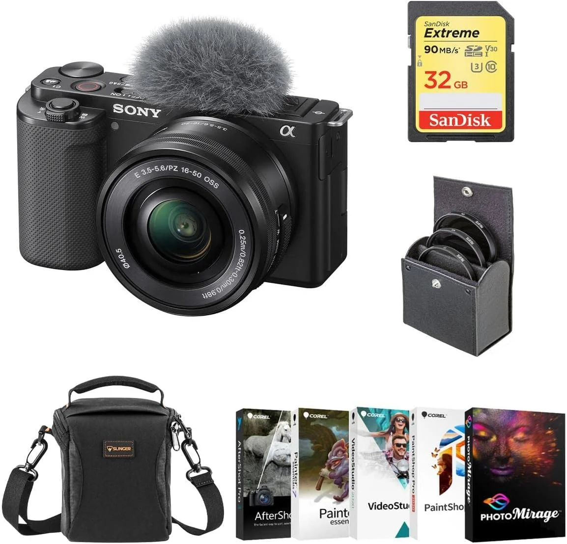 دوربین بدون آینه سونی ZV-E10 با لنز 16-50 میلی‌متری، بسته‌ی مشکی همراه با مجموعه‌ی نرم‌افزاری ویرایش عکس و فیلم PC، کارت حافظه SD 32 گیگابایتی، کیف شانه‌ای، کیت فیلتر 40.5 میلی‌متری