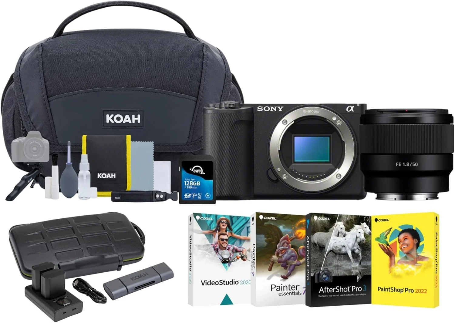 دوربین بدون آینه سونی ZV-E10 II (مشکی) به همراه لنز 50mm f/1.8، دو عدد باتری، کارت حافظه، 4 نرم‌افزار، کیف به همراه کیت تمیزکننده و کارت‌خوان