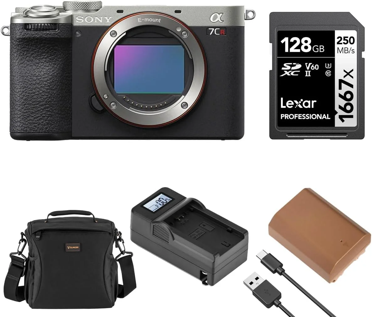 دوربین بدون آینه سونی آلفا a7CR، بدنه نقره‌ای، همراه با کیف شانه‌ای، کارت حافظه 128 گیگابایتی، باتری اضافی و شارژر