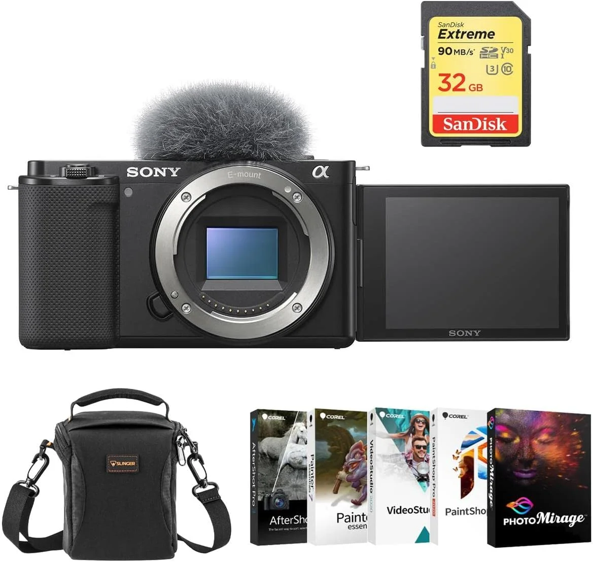 دوربین بدون آینه سونی ZV-E10، مشکی همراه با مجموعه نرم افزار ویرایش عکس و فیلم Corel PC، کارت SD 32 گیگابایتی، کیف شانه