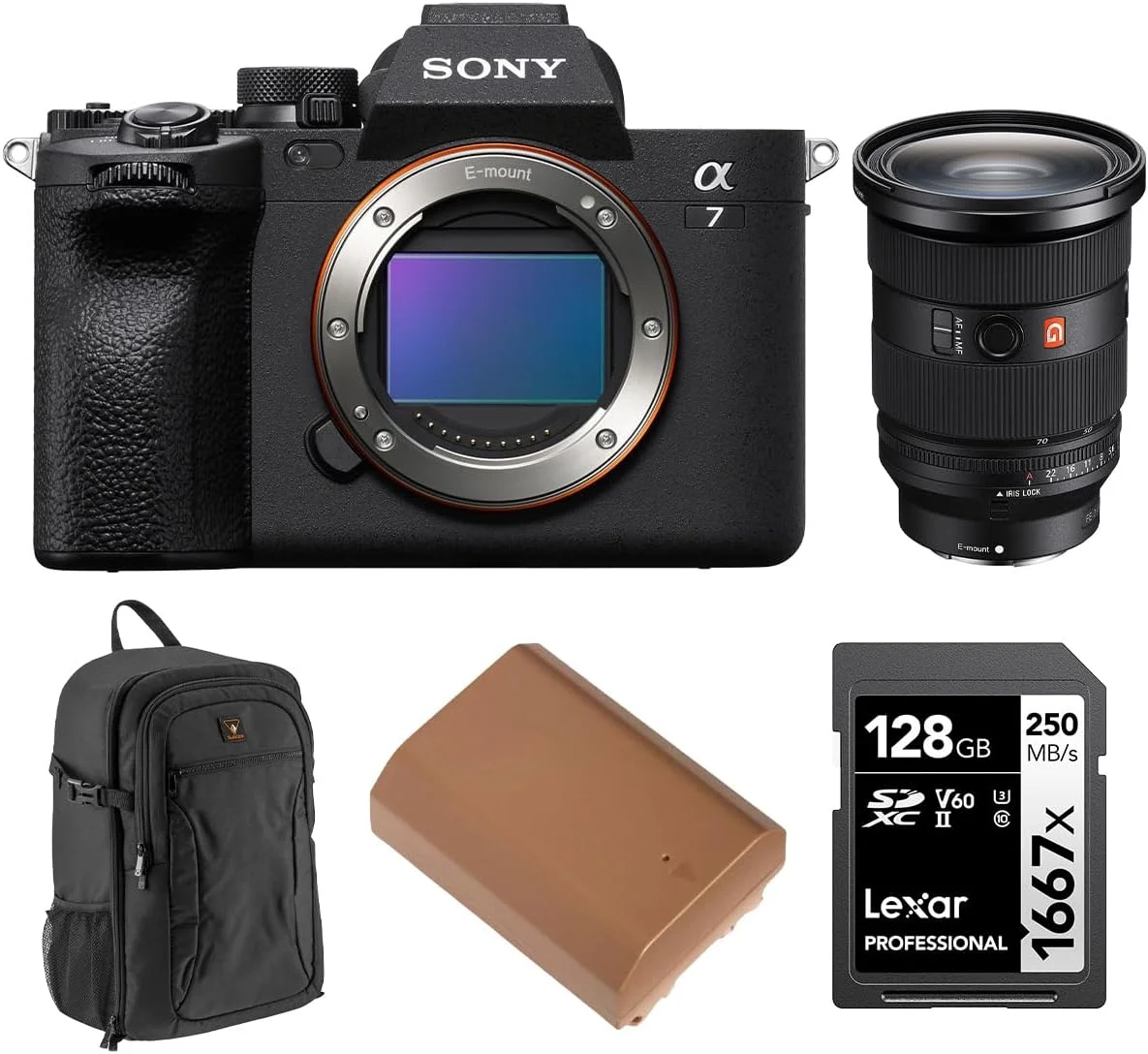 دوربین بدون آینه سونی Alpha a7 IV به همراه لنز FE 24-70mm f/2.8 GM II، به همراه کارت حافظه 128 گیگابایتی، کوله پشتی Alpine 200 و باتری NP-FZ100