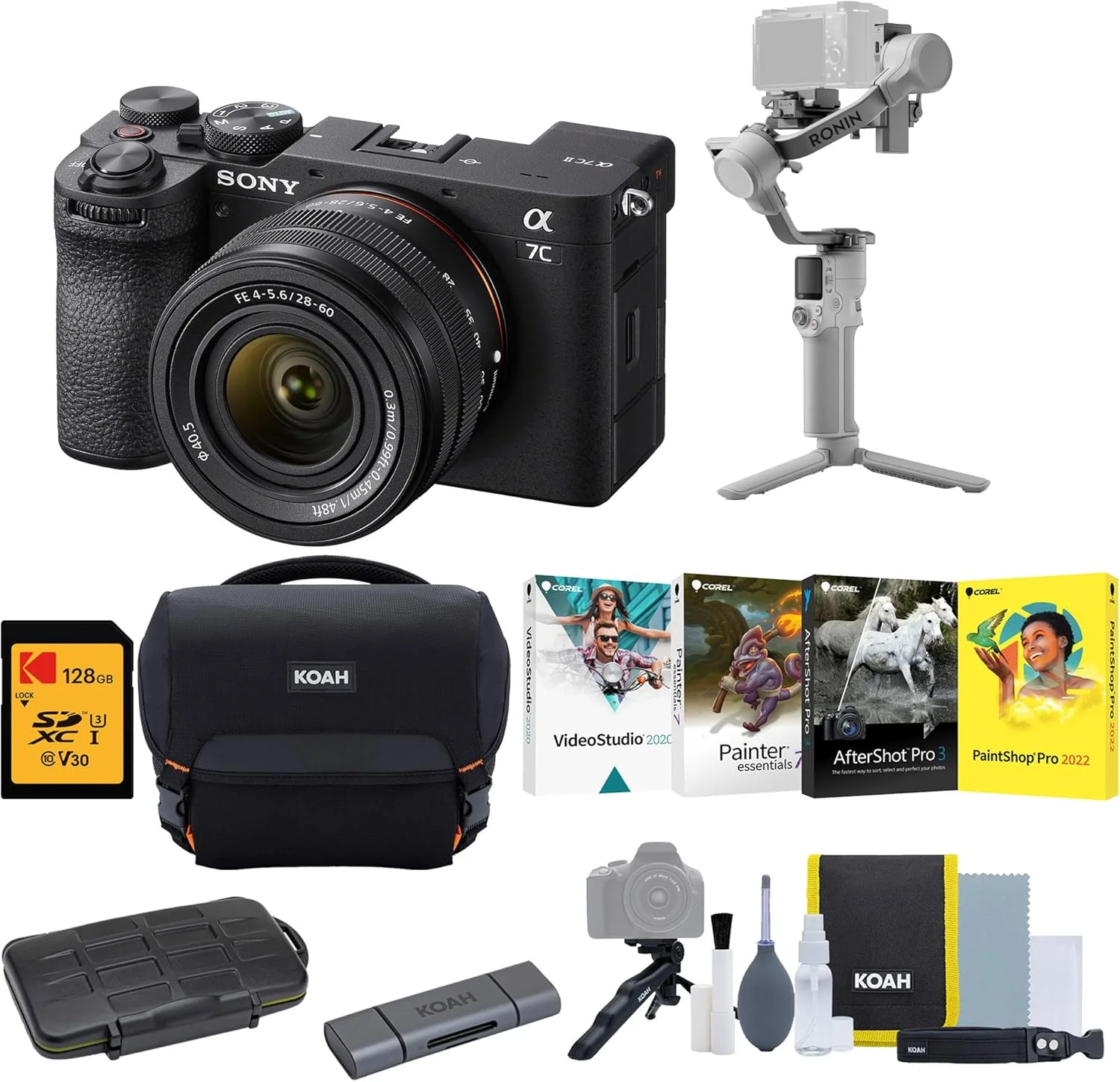 دوربین بدون آینه سونی a7C II با لنز 28-60 میلی‌متری و گیمبال لرزشگیر لمسی RS 4 Mini (شامل 6 قطعه)