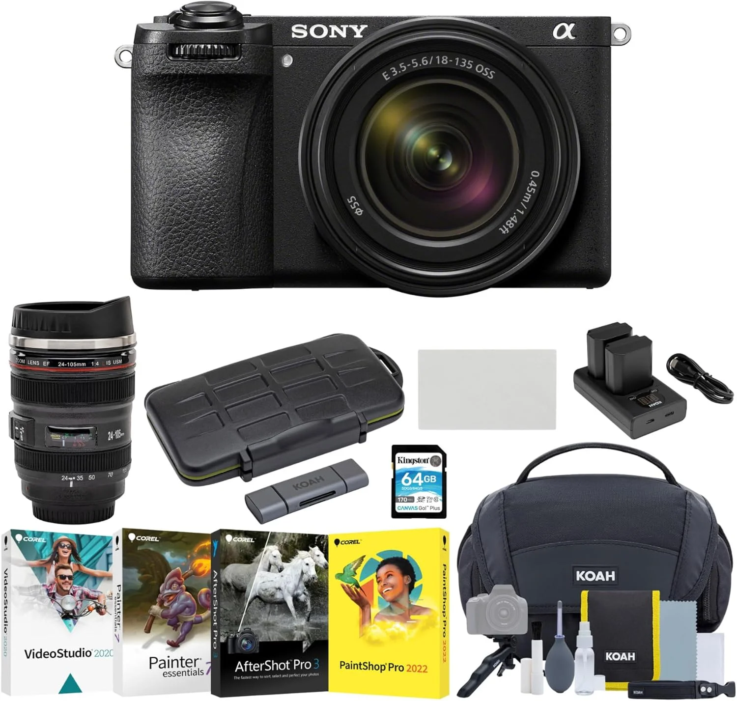 دوربین بدون آینه هیبریدی سونی آلفا 6700 APS-C با لنز 18-135 میلی‌متری، بسته‌ی عکاسی حرفه‌ای برای علاقه‌مندان به همراه نرم‌افزار ویرایش، کارت SD، کیف، ماگ و لوازم جانبی (8 قطعه)