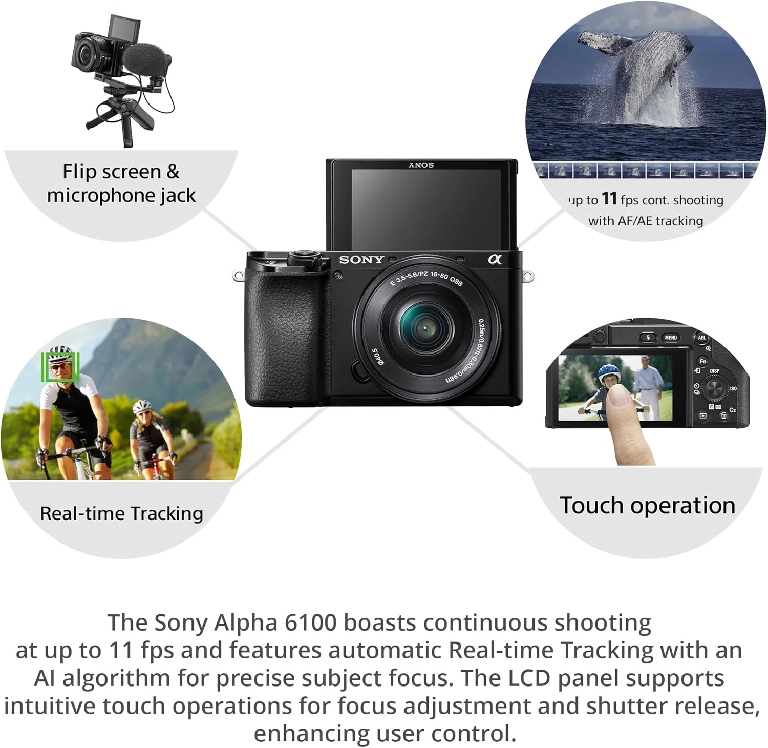 دوربین بدون آینه سونی آلفا a6100 APS-C با لنزهای 16-50 میلی‌متری و 55-210 میلی‌متری، 2 کارت SD و بسته لوازم جانبی