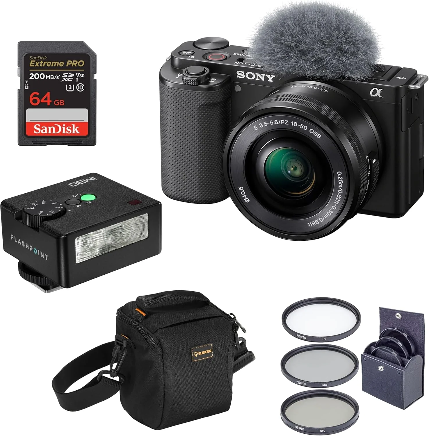 دوربین بدون آینه سونی ZV-E10 با لنز 16-50 میلی‌متری، باندل مشکی با فلاش کوچک Flashpoint iM30 برای دوربین، کارت حافظه، کیف شانه‌ای، کیت فیلتر
