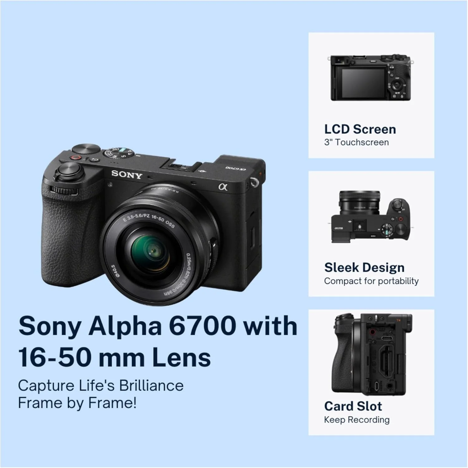 دوربین هیبریدی بدون آینه Sony Alpha 6700 APS-C با لنز 16-50mm، عکاسی با عملکرد بالا برای علاقه مندان، به همراه نرم افزار ویرایش، کارت SD، کیف و لوازم جانبی (8 قطعه) دوربین هیبریدی بدون آینه Sony Alpha 6700 APS-C با لنز 16-50mm، عکاسی با عملکرد بالا برای علاقه مندان، به همراه نرم افزار ویرایش، کارت SD، کیف و لوازم جانبی (8 قطعه)