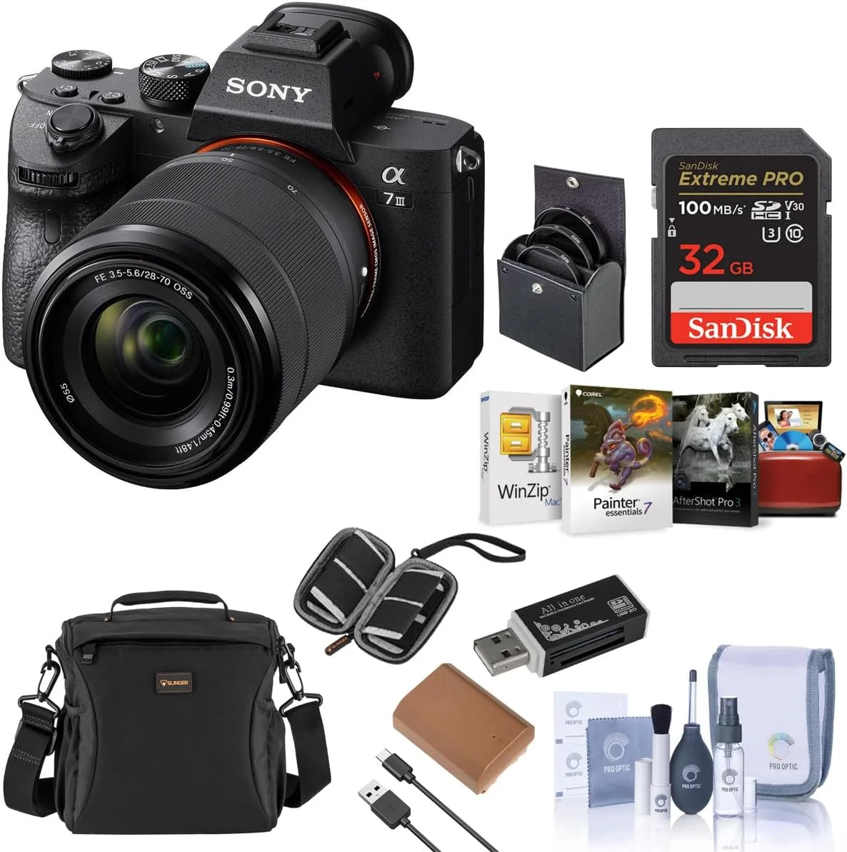 دوربین دیجیتال بدون آینه سونی Alpha a7 III با لنز FE 28-70mm - باندل، کیف شانه‌ای، کارت SD 64 گیگابایتی، کارت خوان، جعبه کارت SD، کیت نرم‌افزار PC و Mac، باتری اضافی، کیت فیلتر 55 میلی‌متری