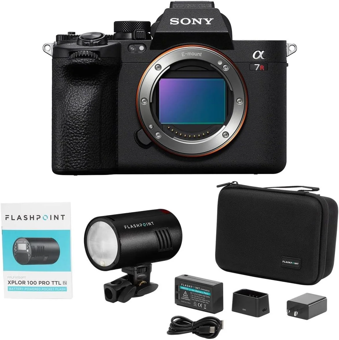 بدنه دوربین دیجیتال بدون آینه فول فریم 61.0 مگاپیکسلی Sony Alpha a7R V - همراه با فلاش استودیویی باتری خور Flashpoint XPLOR 100 Pro TTL R2