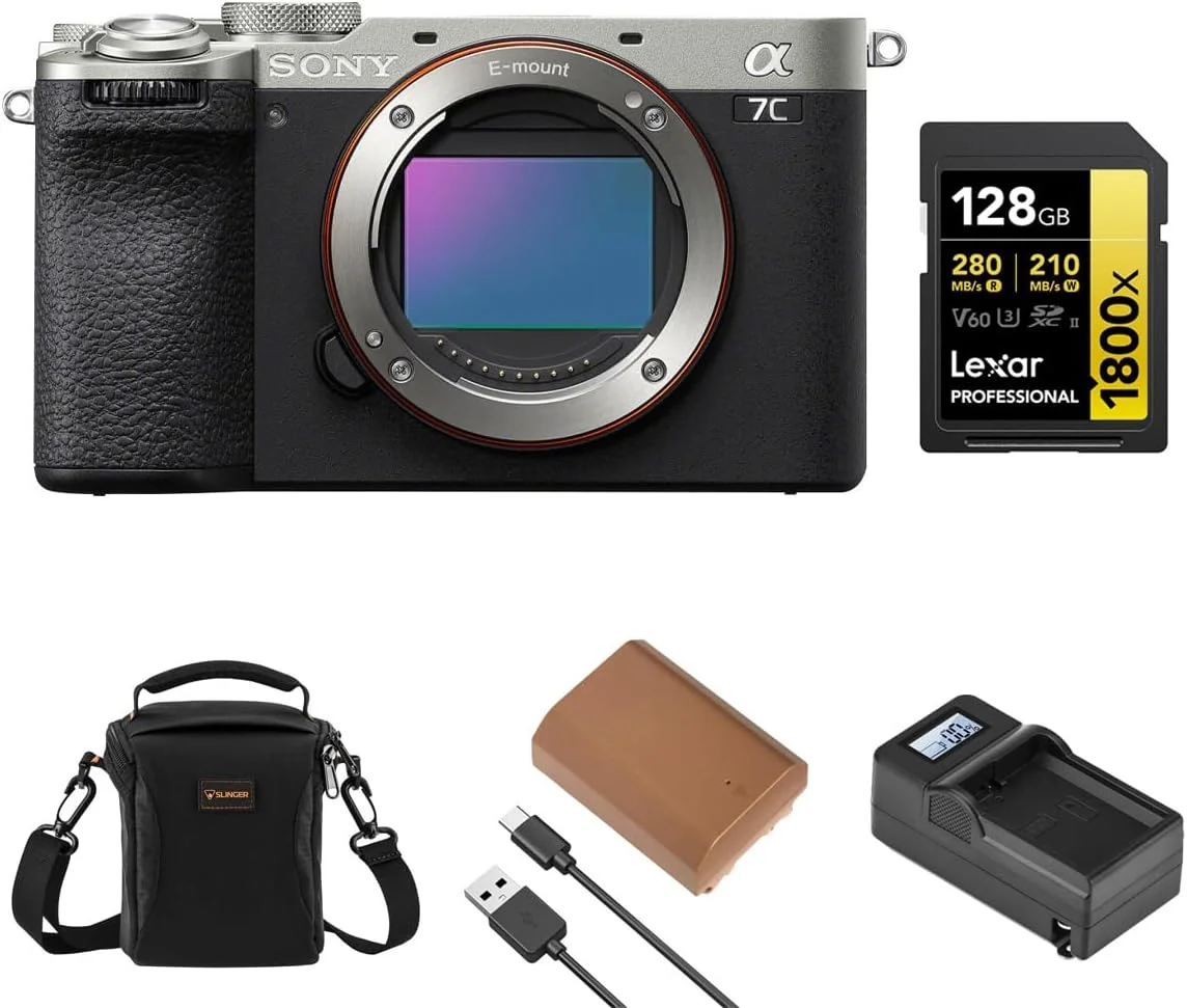 دوربین بدون آینه سونی آلفا a7C II، نقره ای، همراه با باتری NP-FZ100، کارت حافظه 128 گیگابایتی، شارژر و کیف شانه
