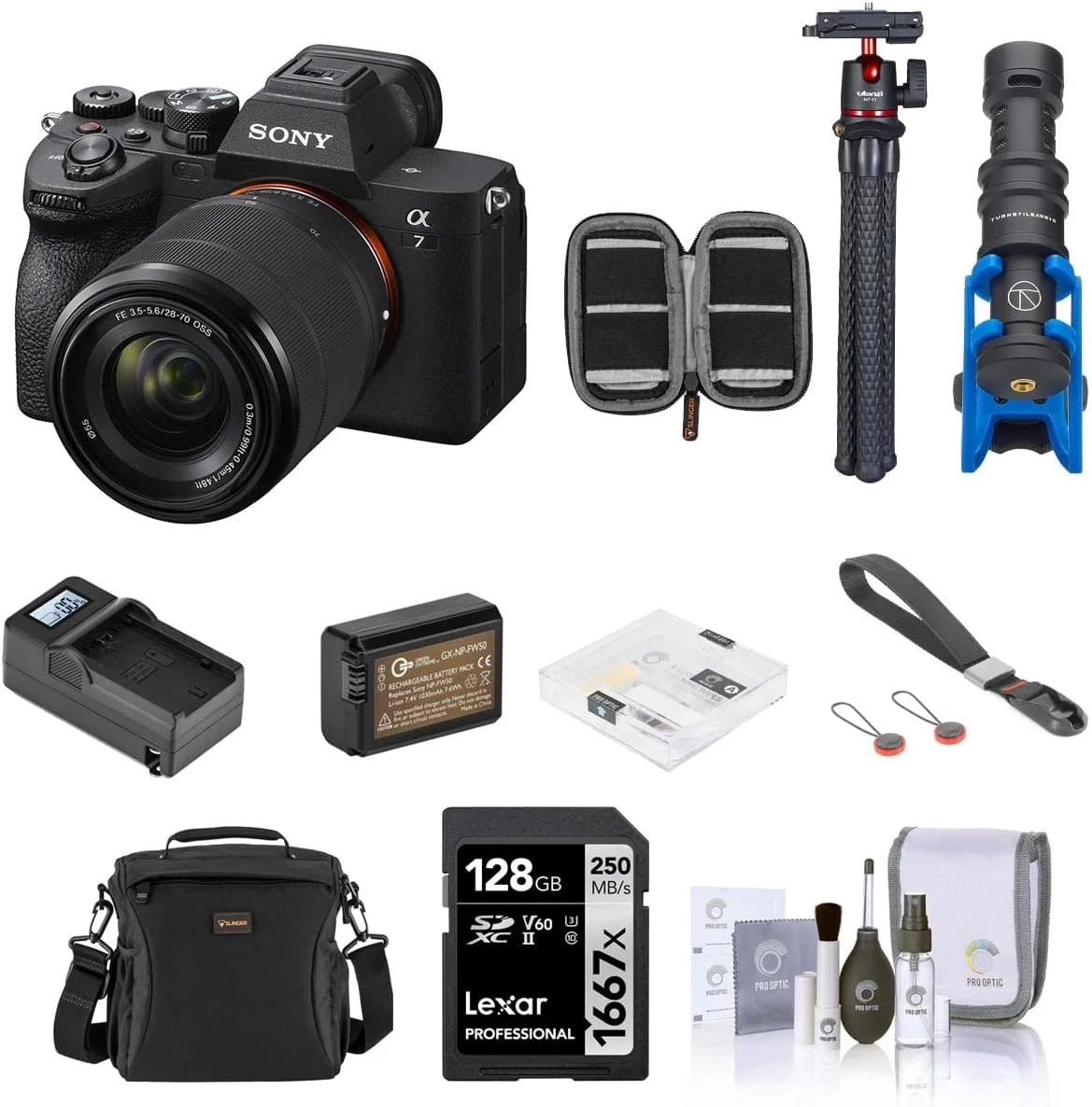 دوربین دیجیتال بدون آینه فول فریم 4K سونی Alpha a7 IV - همراه با کارت SD 128 گیگابایتی، کیف شانه، باتری اضافی، شارژر، بند، میکروفون، سه پایه، محافظ صفحه نمایش، فیلترهای 55 میلی متری، جعبه کارت SD، کیت تمیز کننده