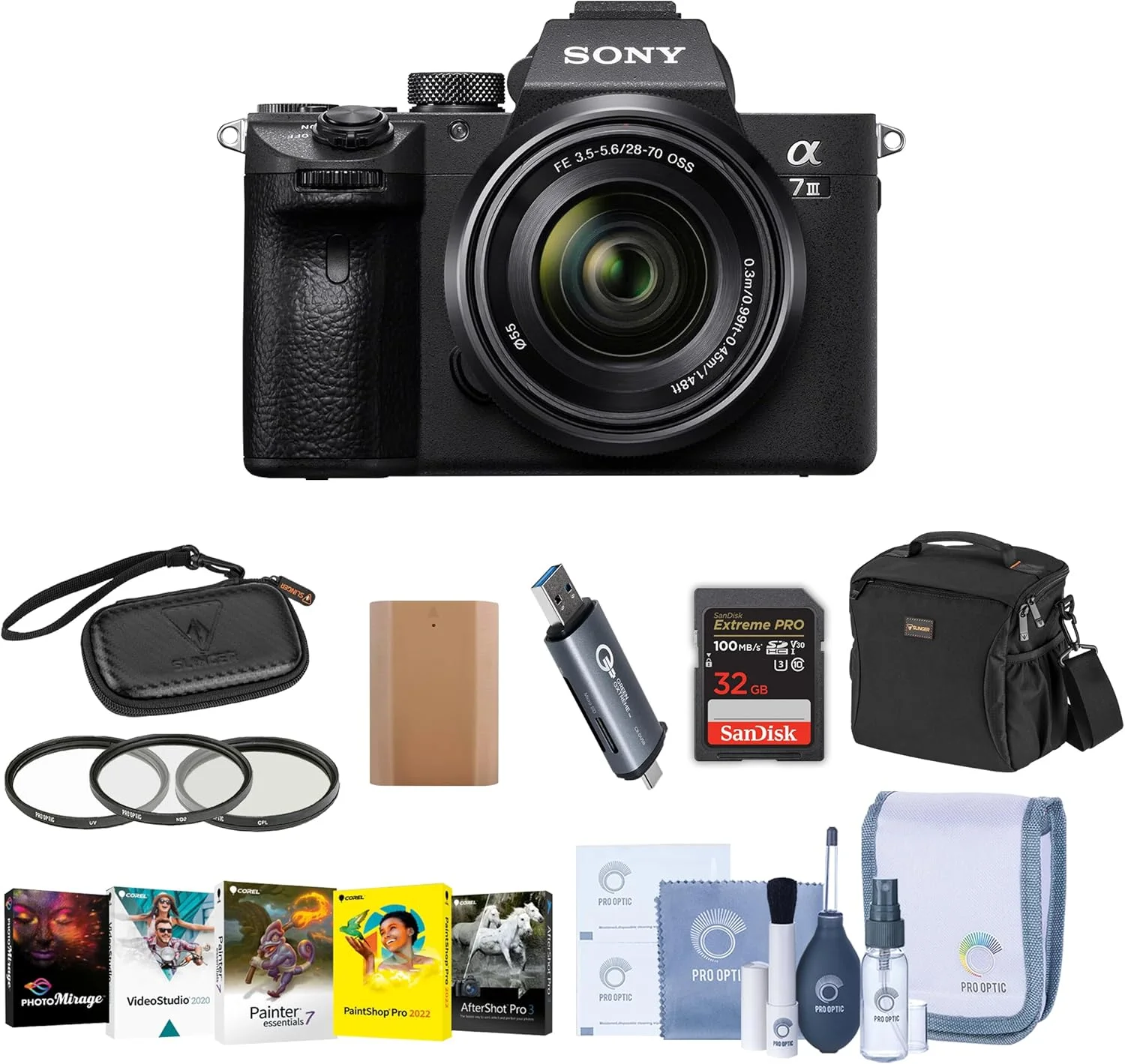 دوربین بدون آینه سونی آلفا a7 III 24MP UHD 4K به همراه لنز 28-70 میلی‌متری - بسته شامل کارت SDHC U3 32 گیگابایتی، کیف دوربین، کیت فیلتر 55 میلی‌متری، باتری اضافی، کیت تمیزکننده، کیف کارت حافظه، کارت‌خوان، بسته نرم‌افزاری کامپیوتر
