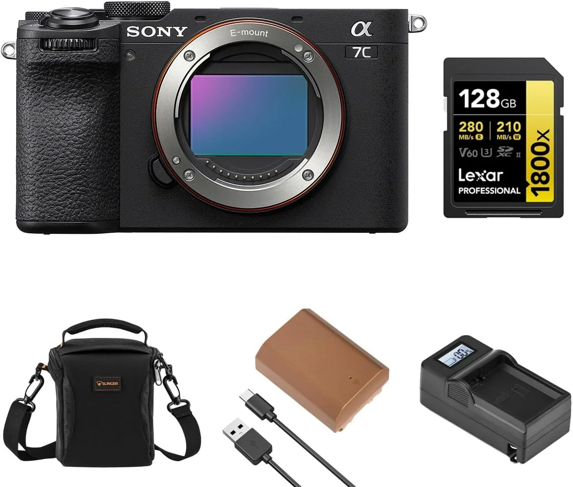 دوربین بدون آینه سونی Alpha a7C II، مشکی، همراه با باتری NP-FZ100، کارت حافظه 128 گیگابایتی، شارژر و کیف شانه