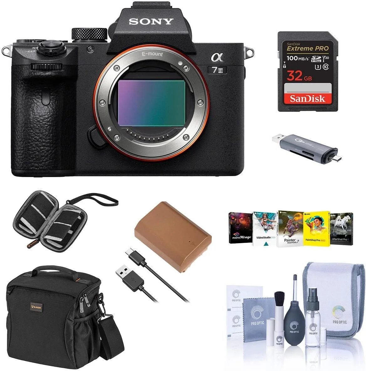 دوربین دیجیتال بدون آینه سونی آلفا a7 III - همراه با کیف شانه، کارت SD 32 گیگابایتی، کیت تمیز کننده، کارت خوان، جعبه کارت SD، کیت نرم افزار Corel PC، باتری اضافی