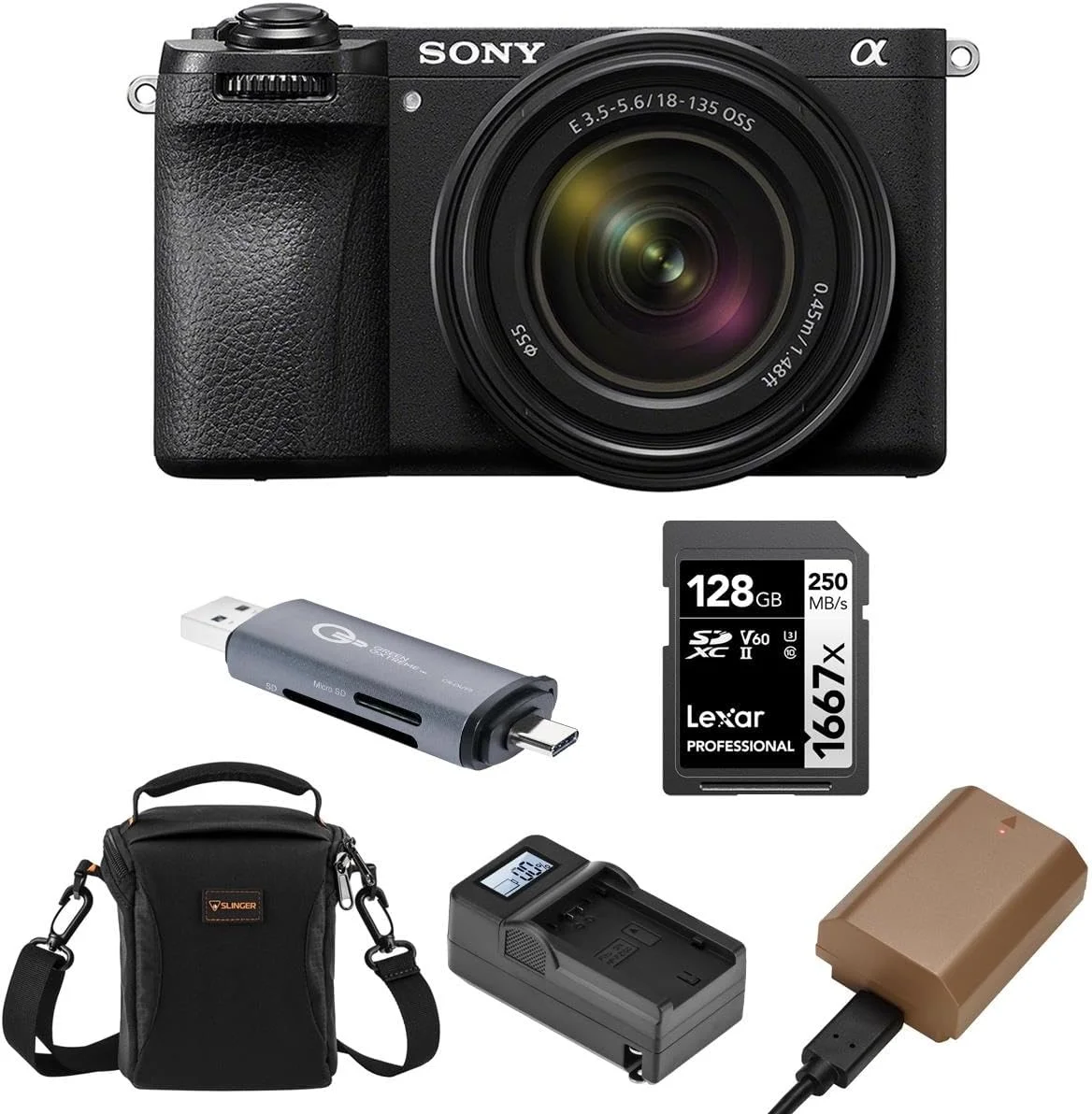 دوربین بدون آینه سونی آلفا a6700 به همراه لنز E 18-135mm f/3.5-5.6 OSS، کیف شانه‌ای، کارت SD 128 گیگابایتی، کارت خوان، باتری اضافی و شارژر