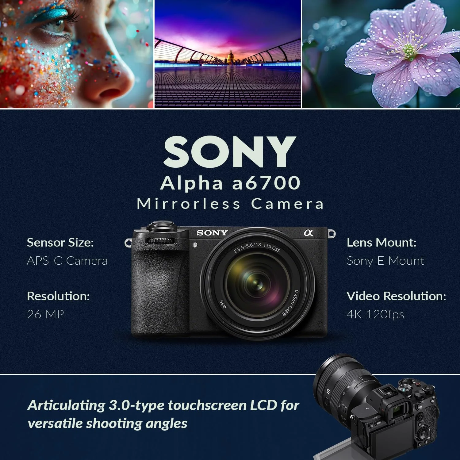 دوربین بدون آینه سونی آلفا a6700 به همراه لنز E 18-135mm f/3.5-5.6 OSS، کیف شانه‌ای، کارت SD 128 گیگابایتی، کارت خوان، باتری اضافی و شارژر