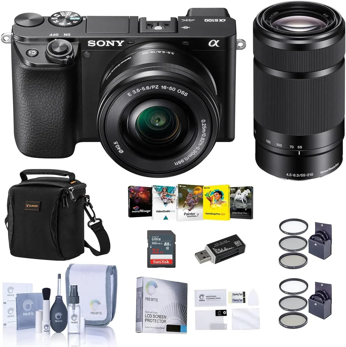 دوربین بدون آینه سونی آلفا a6100 با لنزهای 16-50 میلی‌متری و 55-210 میلی‌متری - همراه با کیف دوربین، کارت SDHC 32 گیگابایتی، کیت فیلتر 40.5 میلی‌متری، فیلتر UV 49 میلی‌متری، کارت‌خوان، محافظ LCD، کیت تمیزکننده، نرم‌افزار کامپیوتر