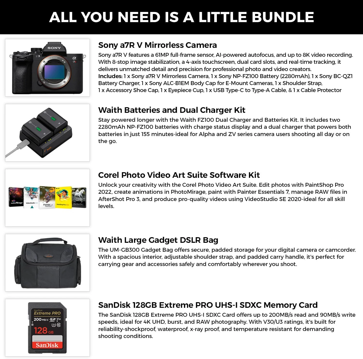 دوربین بدون آینه سونی a7R V (مشکی) - دوربین دیجیتال فول فریم 61 مگاپیکسلی به همراه کیت باتری و شارژر دوتایی، کیت نرم افزار Corel، کارت حافظه 128 گیگابایتی SDXC و کیف بزرگ DSLR - بسته ضروری