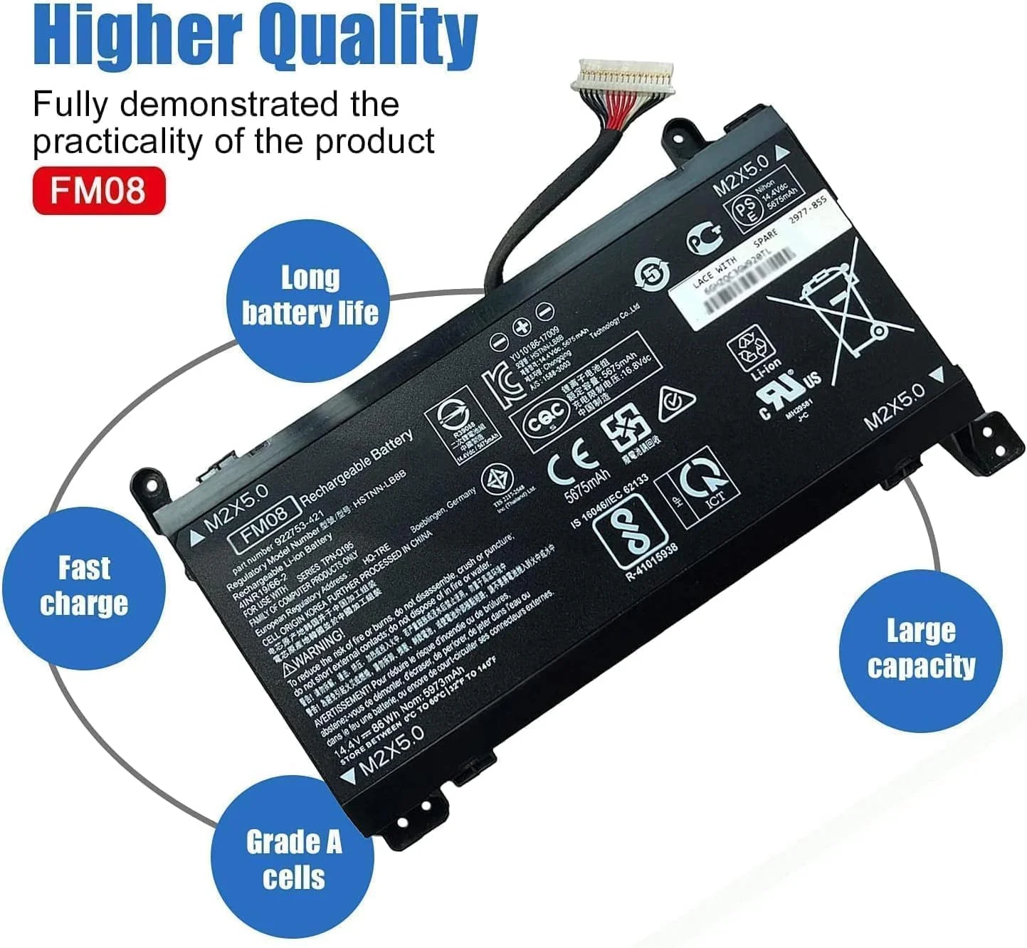 باتری جایگزین FM08 مدل HOME SELLER، ۱۴.۴ ولت، ۸۶ وات ساعت، ۵۹۷۳ میلی آمپر ساعت، باتری لپ تاپ HSTNN-LB8B سازگار با HP OMEN 17-AN013TX 17-AN014TX 922753-421 (کانکتور ۱۶ پین)