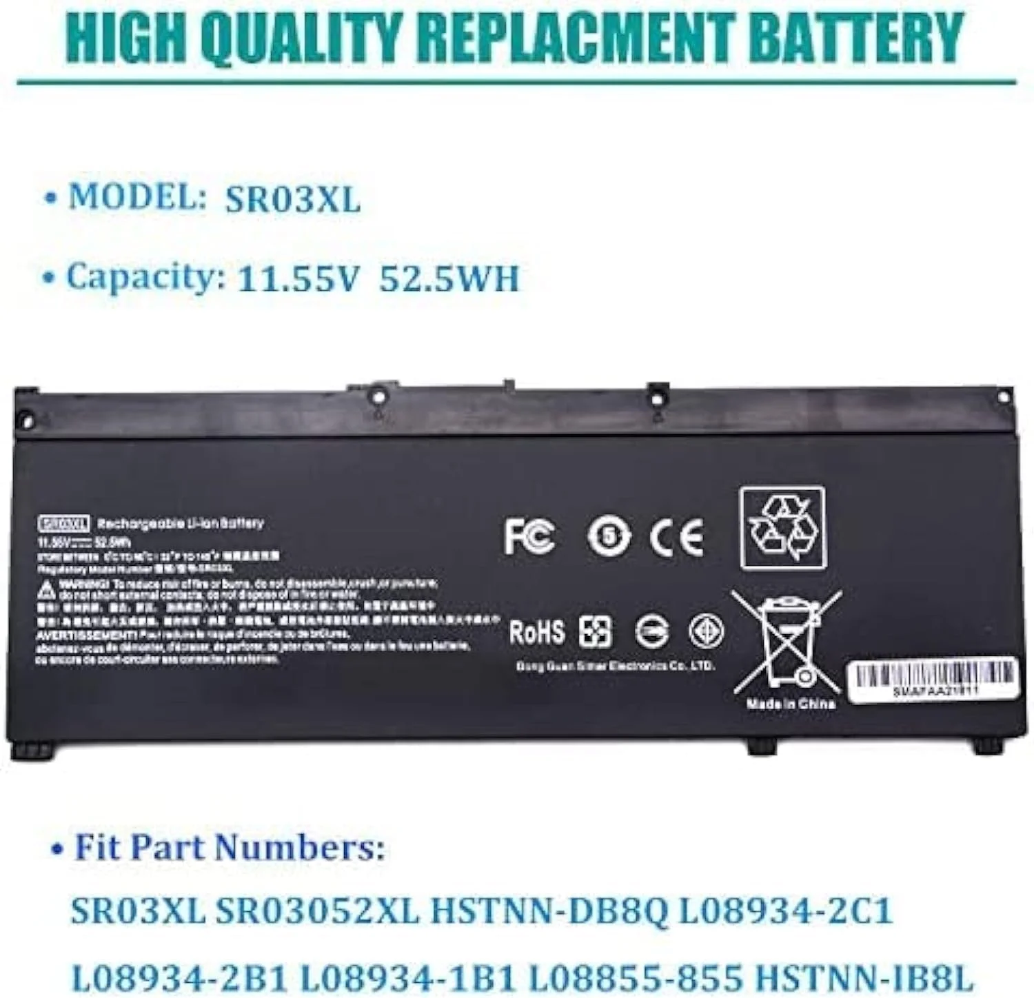 باتری جایگزین لپ تاپ SR03XL برای سری های Hp Pavilion 15-CX00 HSTNN-DB8Q L08934-2C1 L08934-1B1 L08855-855 Envy x360 15-cn0000 17-bw0000 (11.55V 52.5Wh)