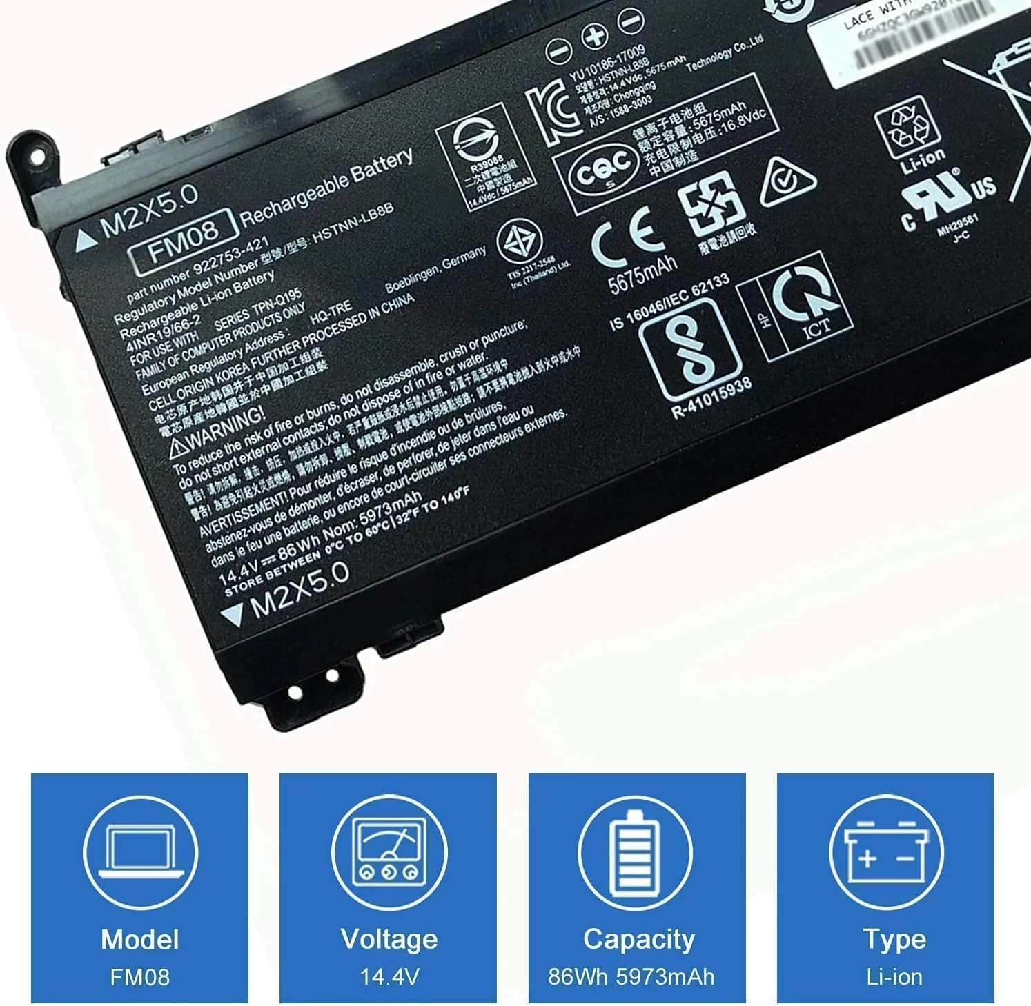 باتری جایگزین FM08 با مشخصات 14.4 ولت، 86 وات ساعت، 5973 میلی آمپر ساعت HSTNN-LB8B، سازگار با لپ تاپ های HP OMEN 17-AN013TX 17-AN014TX 922753-421 (کانکتور 16 پین)