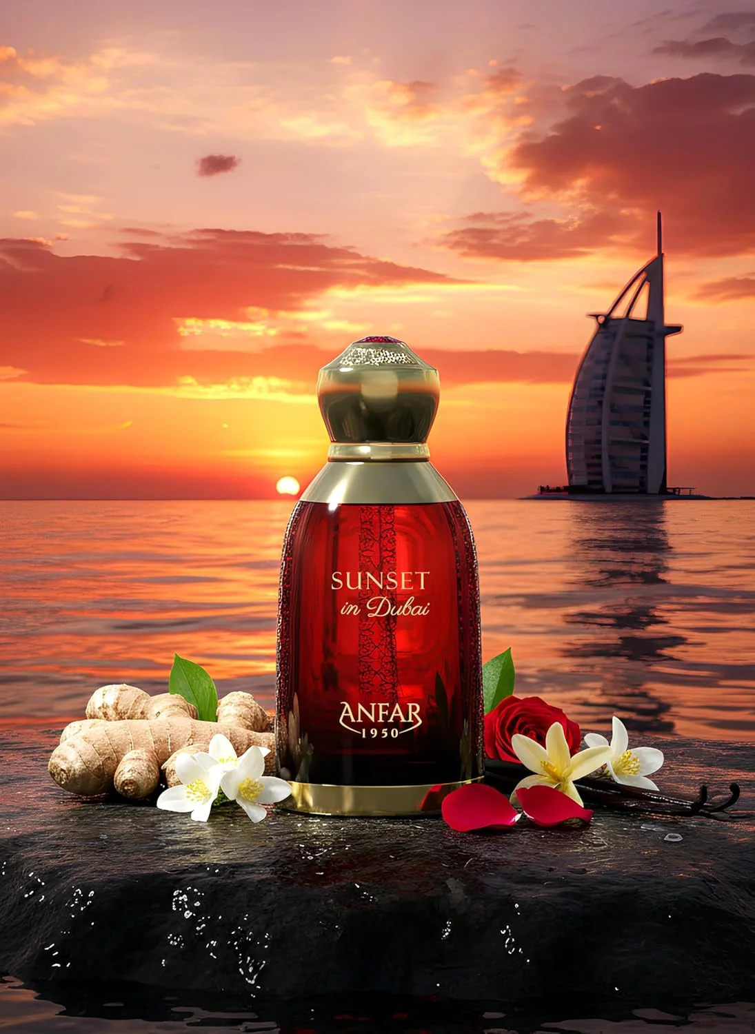 ادکلن آنفار 1950 Sunset in Dubai حجم 100 میلی لیتر | عطر عربی ممتاز برای آقایان و بانوان | رایحه گرم، شیرین و شرقی با گلاب، یاس، وانیل و کاکائو