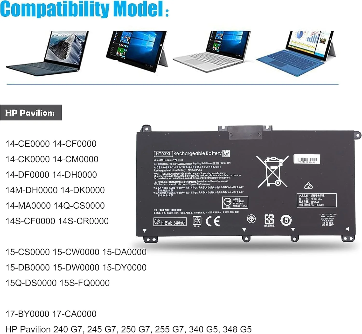 باتری جایگزین لپ تاپ HT03XL برای مدل های 15-CS، 15-CW، 15-CU، 15-DA، 15-DB، 15-DW، 15-DY، 15T-DA، 15T-DB، 15T-DQ، 15-cu1xxx، 15-cw1xxx، 15-DA0XXX، 15-db1xxx، 15-dw0xxx، 15t-dy100، 17-by0xxx، 17-ca0xxx