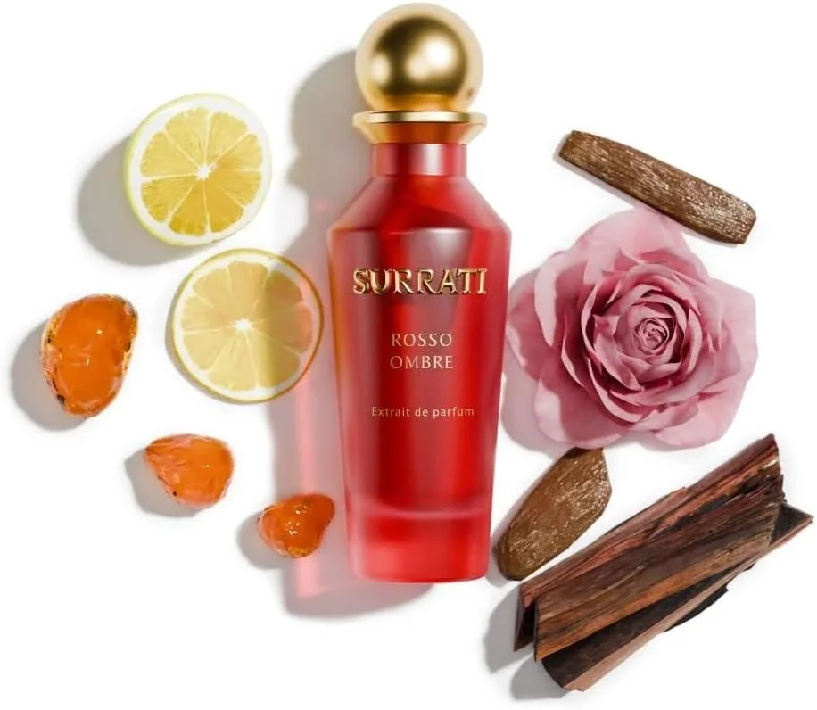 عطرهای سراتی | روسو آمبر - عطر شرقی | رایحه ای مشترک با لیمو، گل، عود و عنبر گرم | عطر ماندگار | بطری لوکس قرمز و طلایی