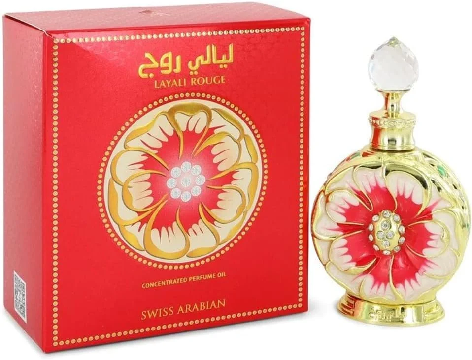 روغن عطر غلیظ لیالی رژ سوئیس عربین، 15 میلی لیتر، روغن عطر با کیفیت عالی، عطر مردانه و زنانه، رایحه گلی، میوه ای، ترکیبی مجلل و لذیذ برای زنان و مردان