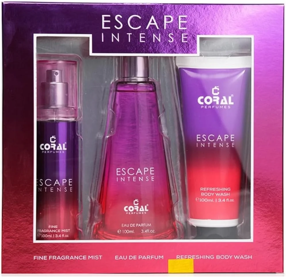 ست هدیه زنانه Coral Escape Intense | ادو پرفیوم، بادی میست و بادی واش (هر کدام 100 میلی لیتر) | رایحه ماندگار میوه ای و گلی | ست هدیه عطر لوکس از Coral Perfumes