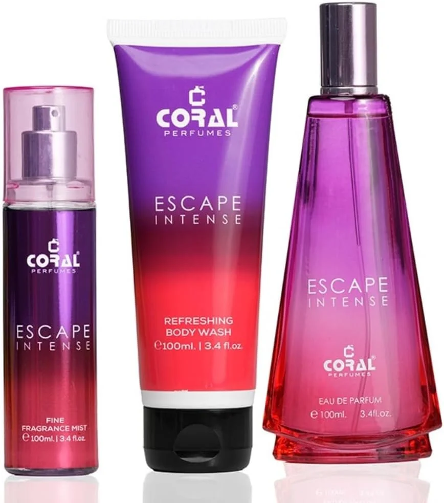 ست هدیه زنانه Coral Escape Intense | ادو پرفیوم، بادی میست و بادی واش (هر کدام 100 میلی لیتر) | رایحه ماندگار میوه ای و گلی | ست هدیه عطر لوکس از Coral Perfumes