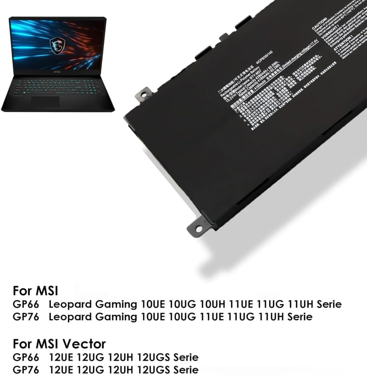 باتری لپ تاپ BTY-M57 سازگار با MSI GP66 GP76 Leopard 10UE 10UG 10UH 11UE 11UG 11UH Vector GP66 GP76 12UE 12UG 12UH 12UGS 12UHS 12UHSO 12UEO GP66HX Series 15.2V 65Wh