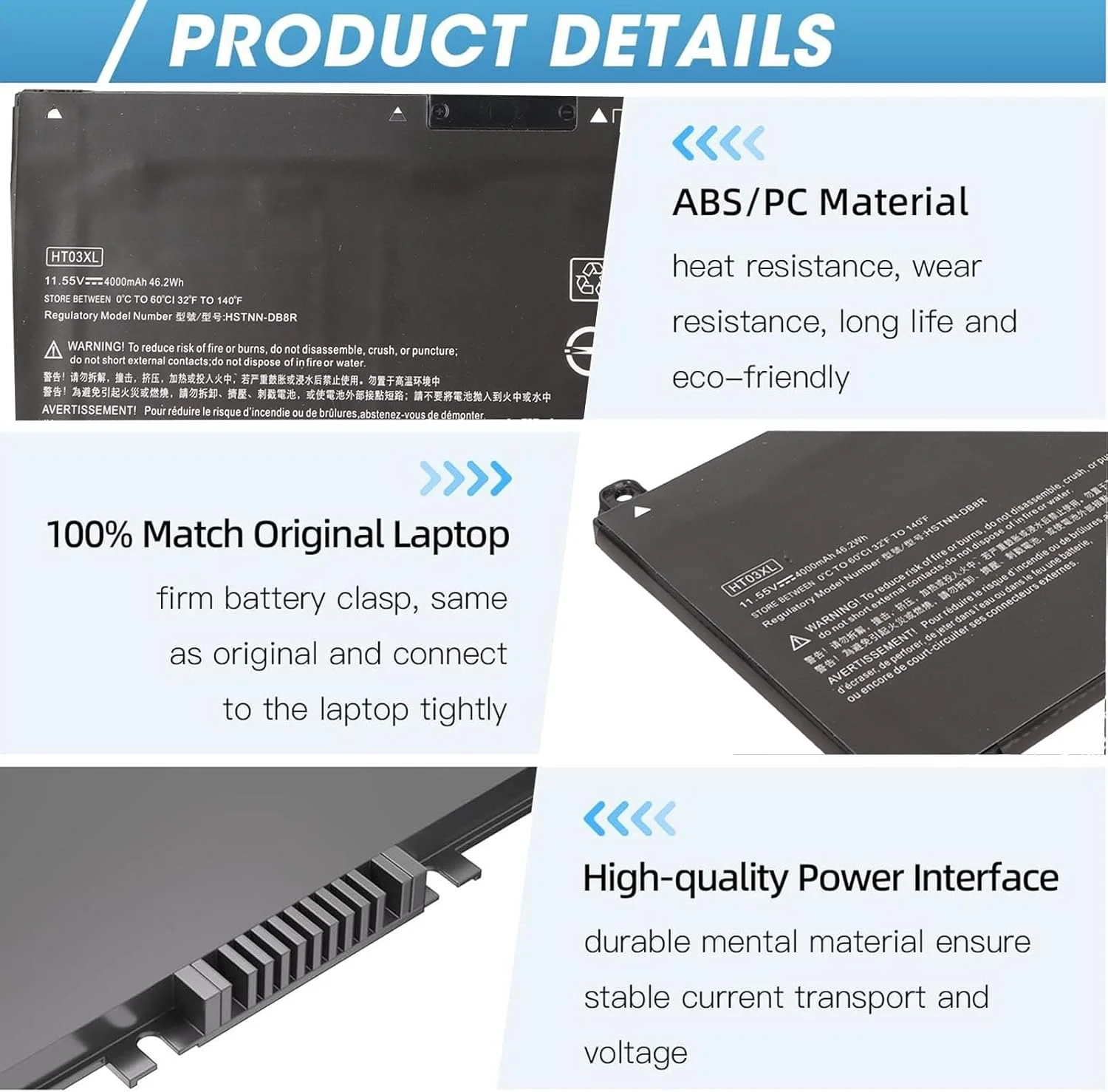 باتری لپ تاپ HT03XL L11119 855 با عملکرد بالا A+ 3 سلولی 46.2Wh 4000mAh 11.55V شارژ سریع و مصرف برق پایین سازگار با سری Pavilion 15 CS 15 CW 15 DA 15 DB