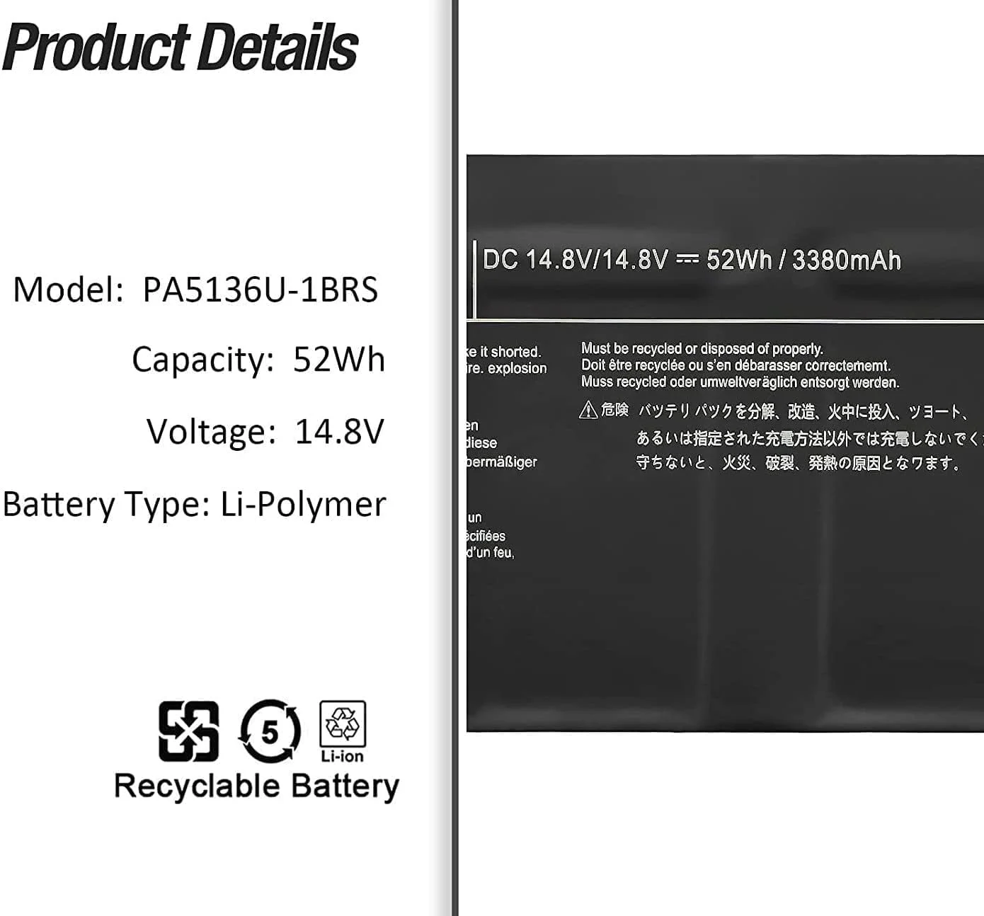باتری لپ تاپ 52Wh PA5136U-1BRS سازگار با توشیبا Portege Z30-A Z30-B Z30-C Z30T-A Z30T-B Z30T-C Z30-A-1FD 1D6 1G6 13W 13E 13L 13G 13K 10W 10P 10Z 1DU Z33 0-A130 1 x Z30-A1302 Z30-A3201L A872
