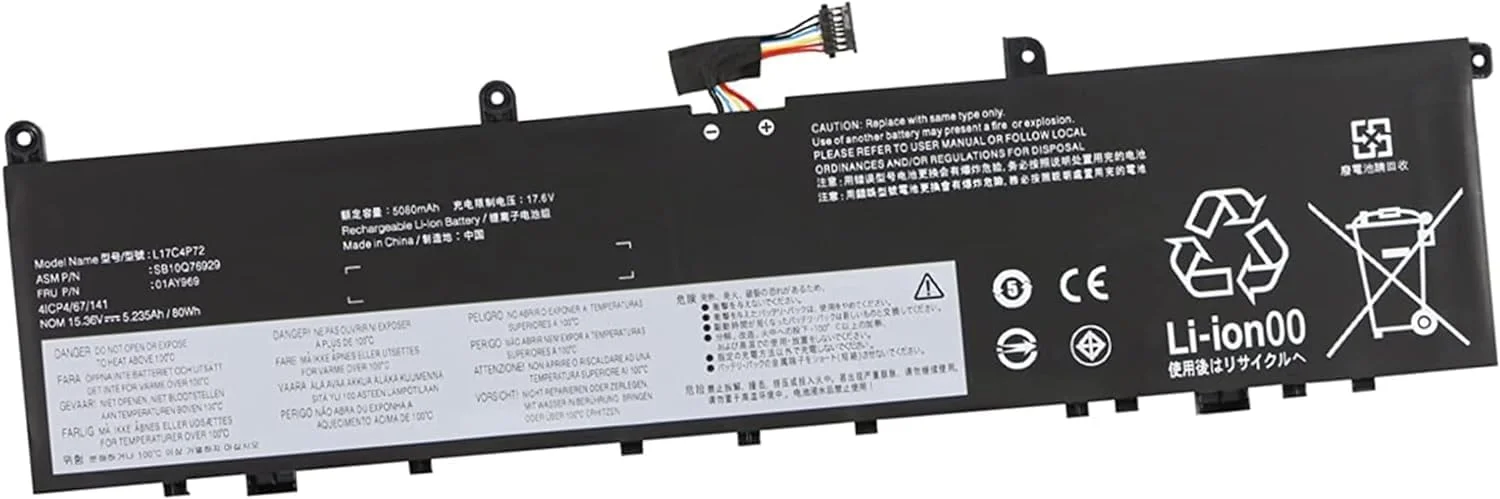 باتری مدل L17C4P72 سازگار با لپتاپهای سری Lenovo X1 Extreme Gen 1/ Gen 2 و P1 Gen 1/ Gen 2، شماره قطعات SB10Q76928 01AY968 L17M4P72 L18M4P71 SB10S57317 01YU911، ولتاژ 15.36 ولت، ظرفیت 80 واتساعت باتری مدل L17C4P72 سازگار با لپتاپهای سری Lenovo X1 Extreme Gen 1/ Gen 2 و P1 Gen 1/ Gen 2، شماره قطعات SB10Q76928 01AY968 L17M4P72 L18M4P71 SB10S57317 01YU911، ولتاژ 15.36 ولت، ظرفیت 80 واتساعت