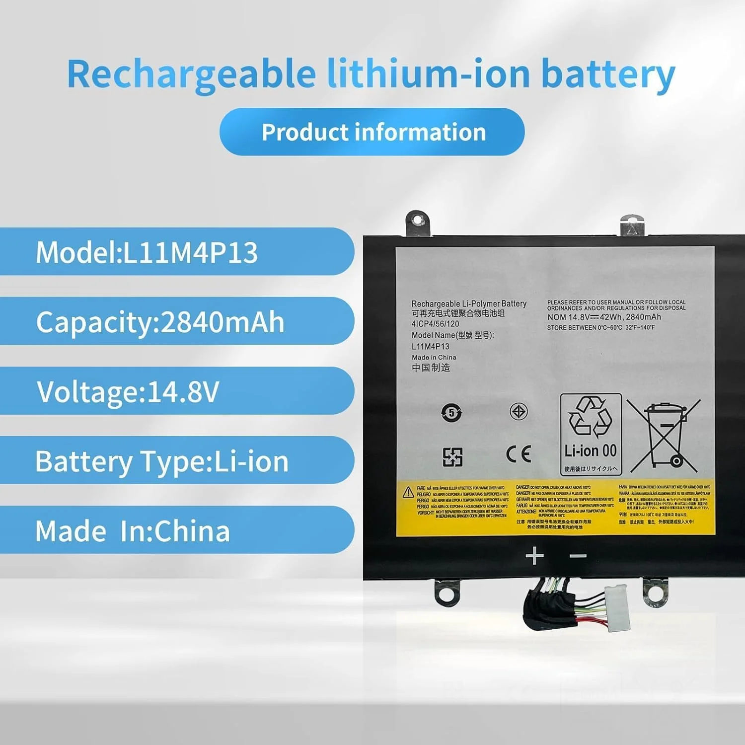 باتری لپ تاپ L11M4P13 برای لنوو Idea Pad Yoga 11/11S 11 11S Ultrabook Series 4ICP4/56/120 (14.8V 2840mAh 42Wh)