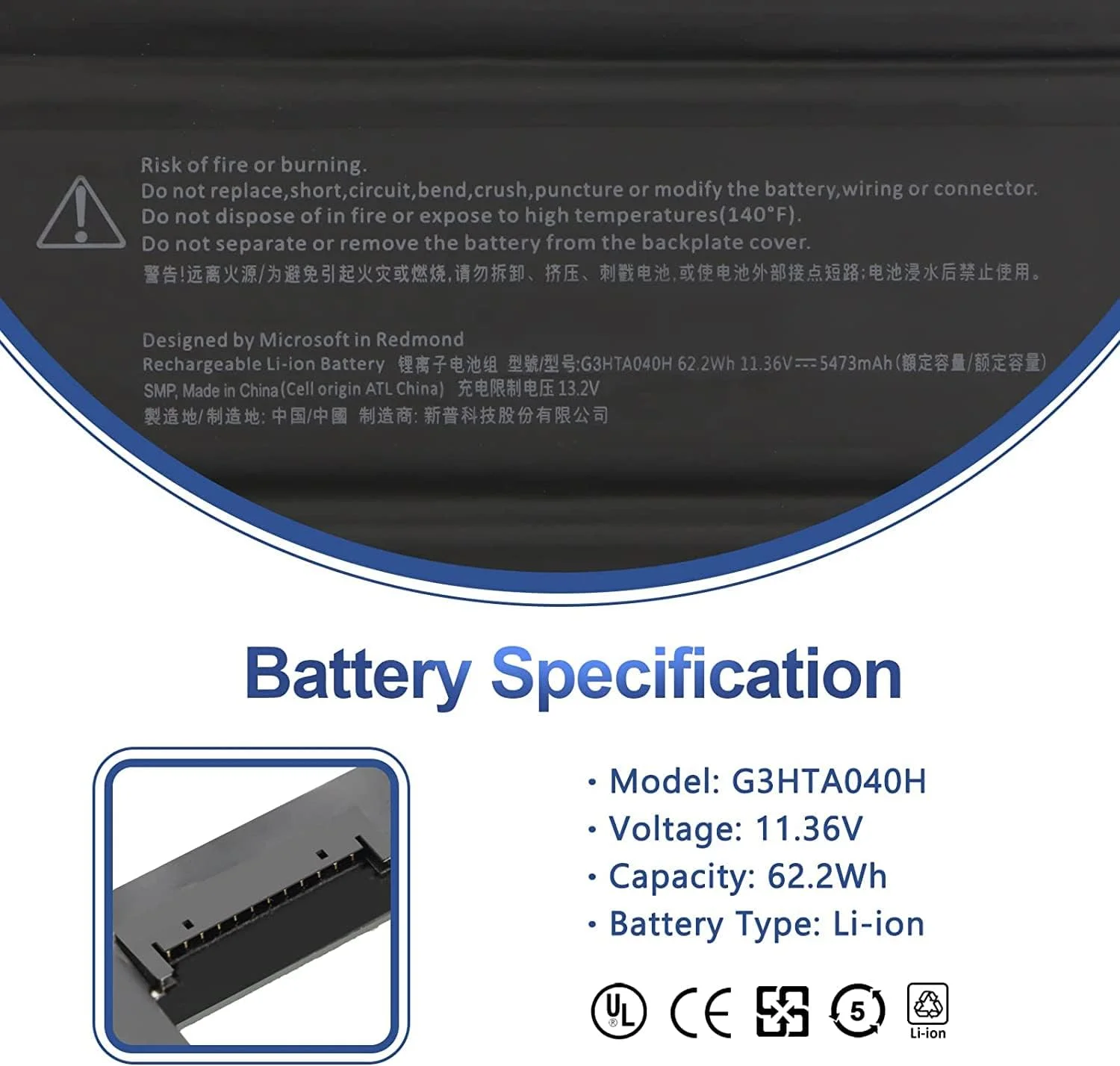 باتری کیبورد مدل G3HTA040H G3HTA041H سازگار با Microsoft Surface Book 2 15 اینچی سری Performance Base، 11.36 ولت 5473 میلی آمپر ساعت 62.2 وات ساعت