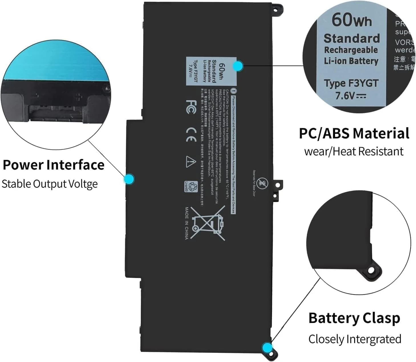 باتری جایگزین 60Wh F3YGT 7.6V جدید برای دل Latitude 7280 7290 7380 7390 7480 7490 E7280 E7290 E7380 E7390 E7480 E7490