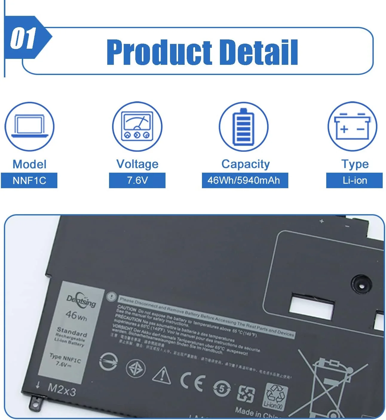 باتری 7.6 ولت 46 وات NNF1C دنتسینگ برای سری Dell XPS 13 9365 HMPFH