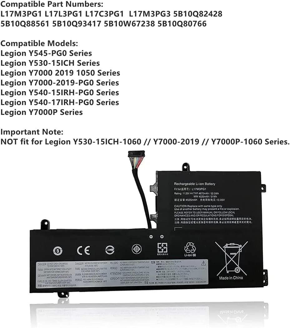 باتری مدل L17M3PG1 سازگار با لپ‌تاپ‌های لنوو Y530-15ICH Y7000 2019 1050 Y7000-2019-PG0 Y540-15IRH-PG0 Y540-17IRH-PG0 Y7000P L17L3PG1 L17C3PG1 L17M3PG3 11.25V