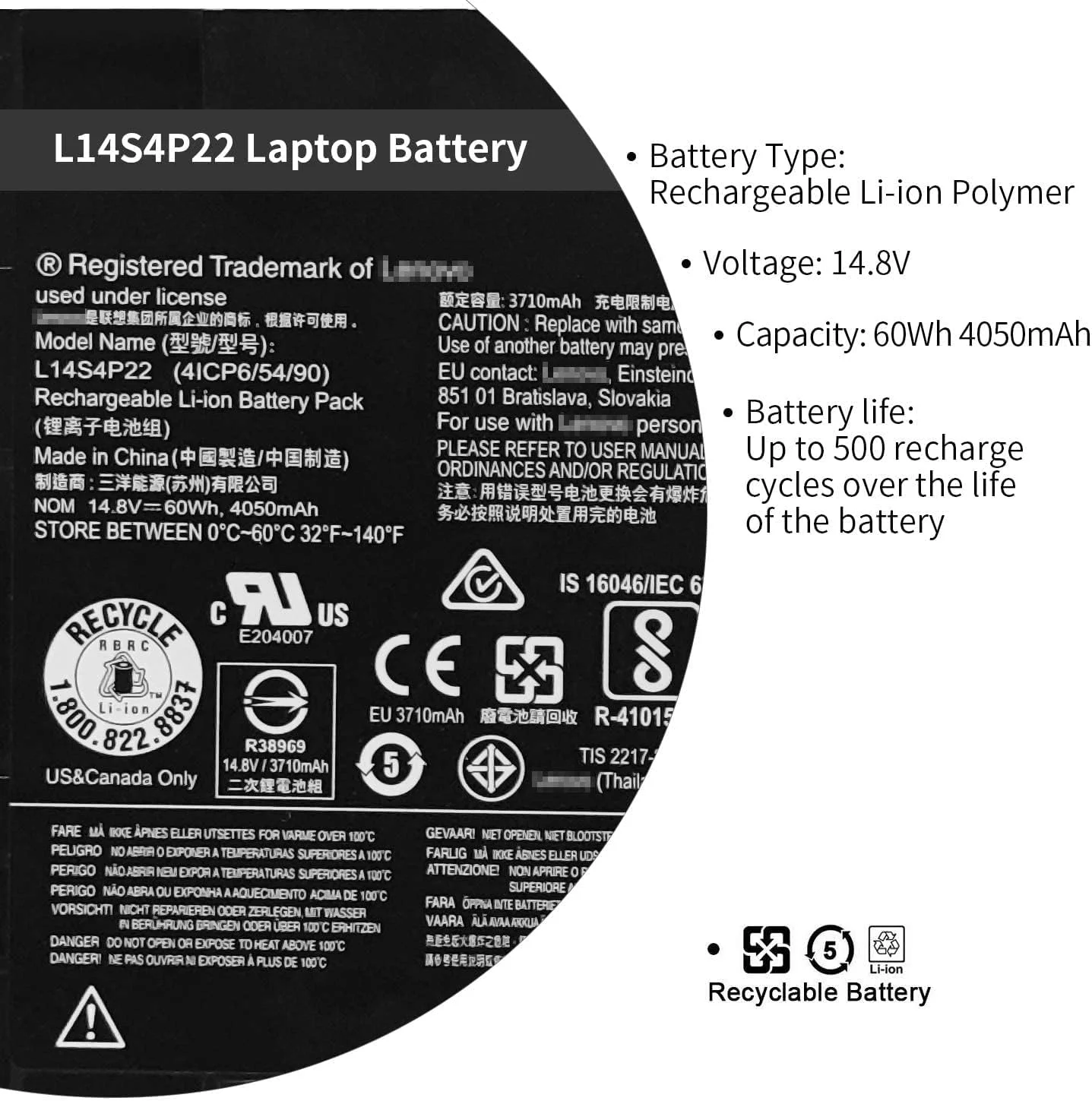 باتری مدل L14S4P22 سازگار با لپ‌تاپ‌های لنوو سری Y700-15ACZ، Y700-15ISK، Y700-17ISK، Y700 Touch-15ISK، شماره قطعات 5B10H22086، L14M4P23، 5B10H22085، 5B10H22084 [14.8 ولت 60 وات‌ساعت 4050 میلی‌آمپر ساعت]