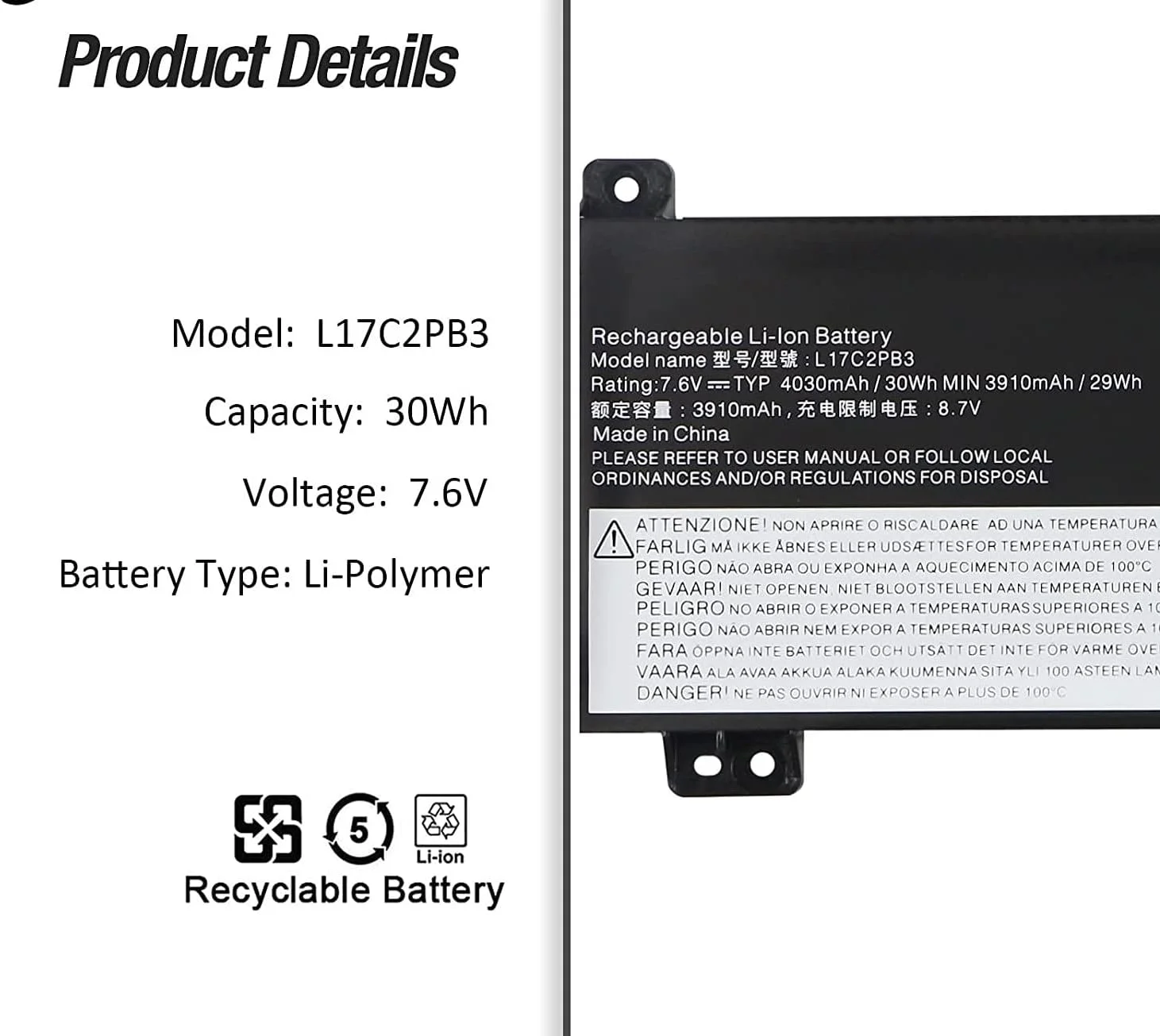 باتری لپ تاپ مدل L17C2PB3 L17C2PB4 سازگار با Lenovo V130-15IGM-81HL V130-15IKB-81HN V330-15IKB-81AX V330-15ISK-81AW V530-14IKB V530-15IKB 81HL0023GE 81HL0051GE L17L2PB4 L17L2PB3 L17M2PB3 باتری لپ تاپ مدل L17C2PB3 L17C2PB4 سازگار با Lenovo V130-15IGM-81HL V130-15IKB-81HN V330-15IKB-81AX V330-15ISK-81AW V530-14IKB V530-15IKB 81HL0023GE 81HL0051GE L17L2PB4 L17L2PB3 L17M2PB3