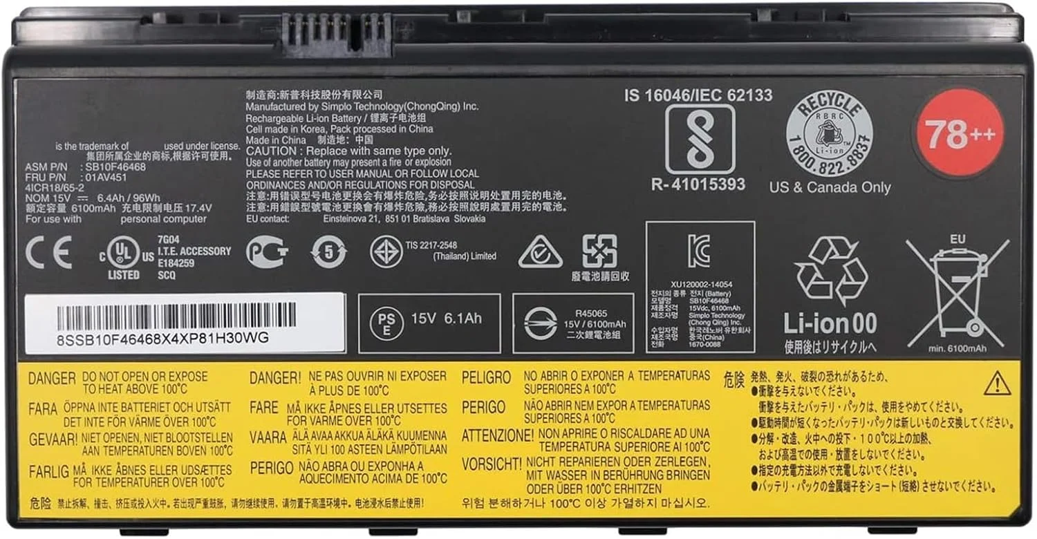 باتری 01AV451 96Wh 6400mAh 8 سلولی سازگار با سری های ThinkPad P70 20ER 20ES و P71 20HK 20HL با شماره قطعات 00HW030 SB10F46468 4X50K14092 5B10W13950 78++ 78+ 15V