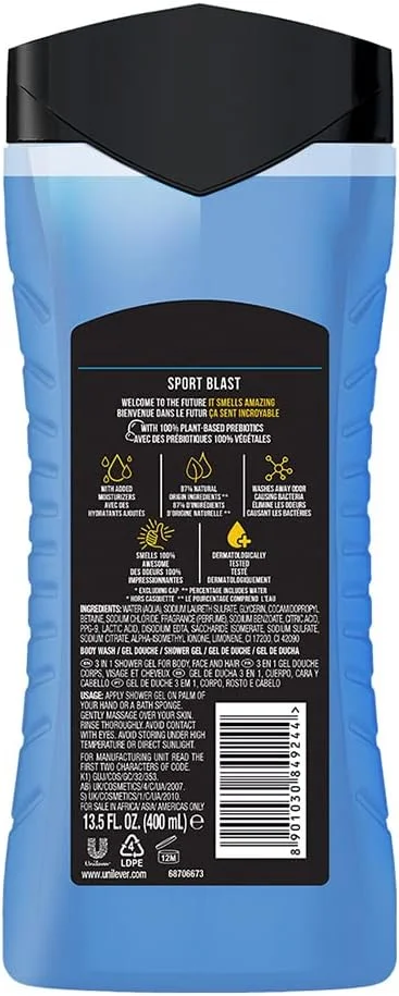 شامپو سر، صورت و بدن مردانه آکس اسپورت بلاست 3 در 1، رایحه مرکبات با طراوت و انرژی بخش ماندگار تا 12 ساعت، از بین برنده بو و باکتری، بدون پارابن، تست شده توسط متخصص پوست، 400 میلی لیتر