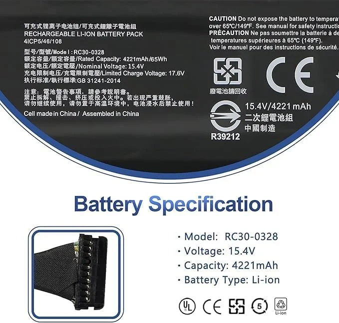 باتری لپ تاپ سازگار با 65Wh RC30-0328 برای Razer Blade 15 Base Edition 2020 2021 RTX 2060 3060 i7-10750H RZ09-0328 RZ09-0351 RZ09-03287E22-R341 RZ09-03287W22-R3W1